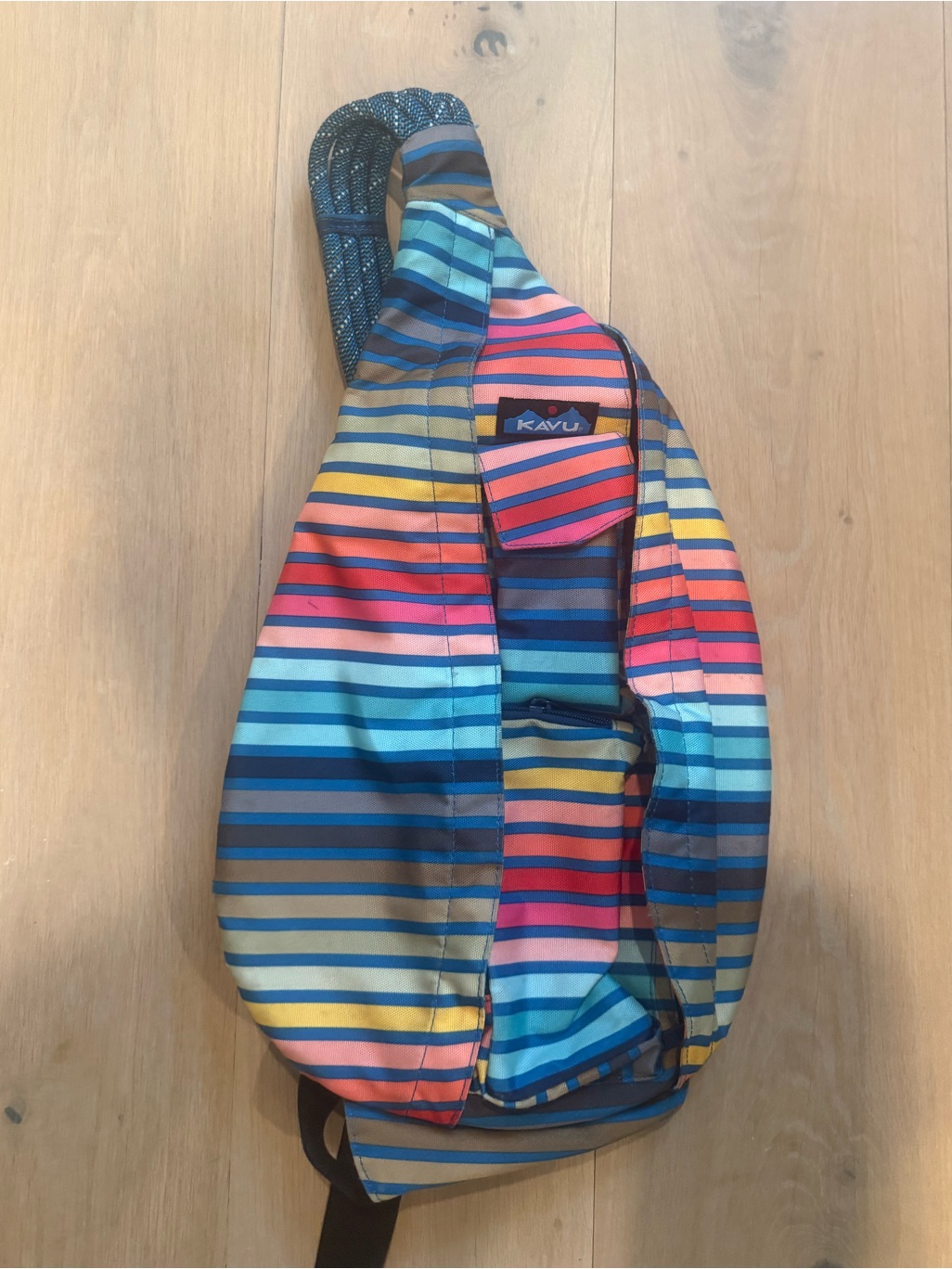 Kavu Striped Rope Sling Bag In Teal, Blue, Yellow, Coral, Brown